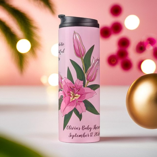 Garrafa Térmica Lírio Florido Rosa Claro (Light Pink Blooming Lily Thermal Tumbler)