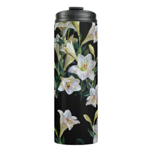 Garrafa Térmica Lírios florais: pintura preta de fundo