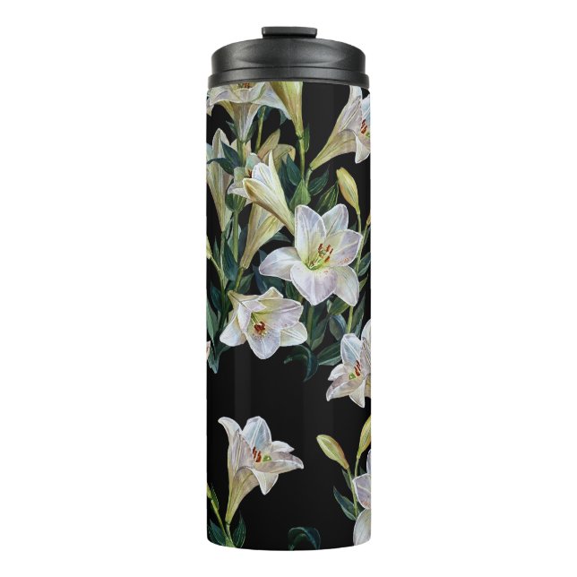 Garrafa Térmica Lírios florais: pintura preta de fundo (Frente)