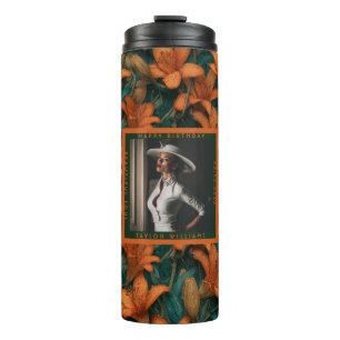 Garrafa Térmica Lírios Laranja Personalizados Brilham Surpresa de 
