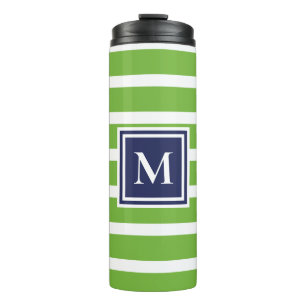 Garrafa Térmica Listra Verde Kelly Azul Marinho Monograma Moderno