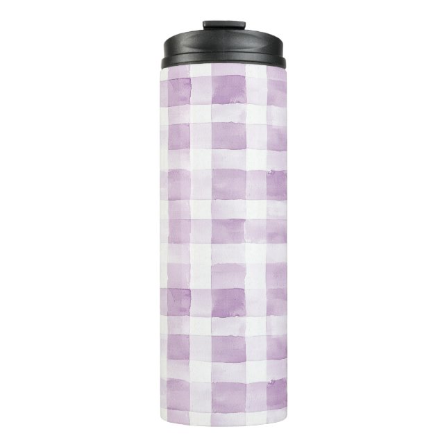 Garrafa Térmica Listras de Xadrez Branco Roxo (Frente)