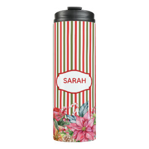 Garrafa Térmica Listras Vermelhas, Verdes e Brancas & Poinsettia