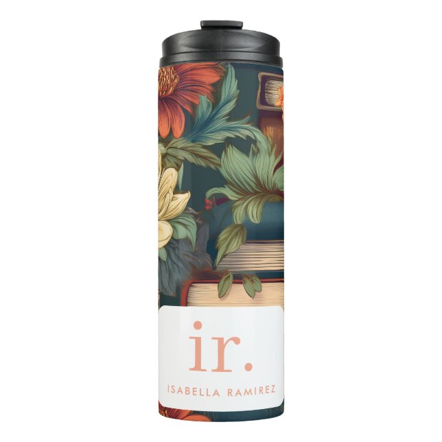 Garrafa Térmica Livros e flores personalizados com nome e monogram (Frente)