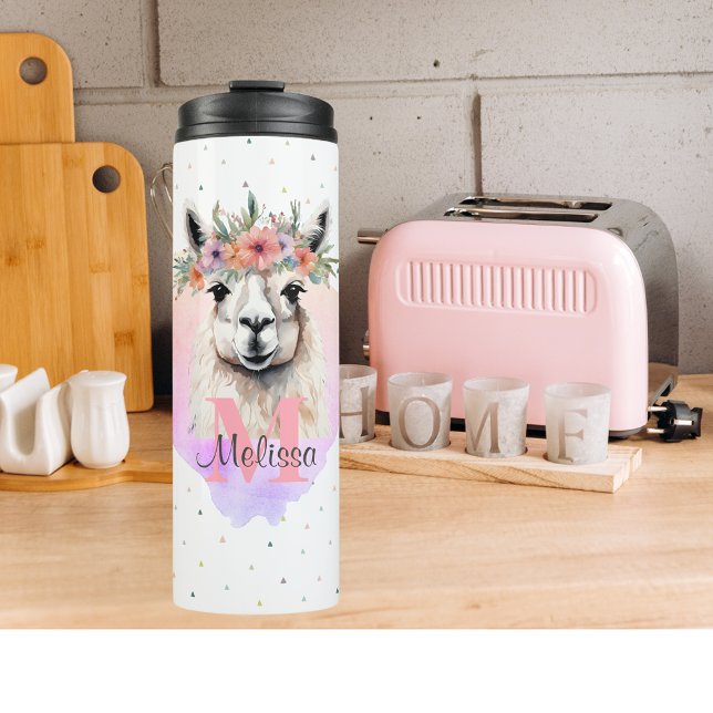 Garrafa Térmica Llama Bonito Fazenda Animal Monograma (Sweet Llama Wildflower Thermal Tumbler boho animal monogram gift)