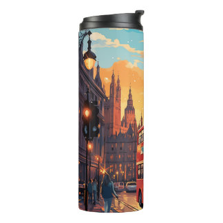 Garrafa Térmica Londres Big Ben Ônibus Vermelho Pôr do Sol Aquarel