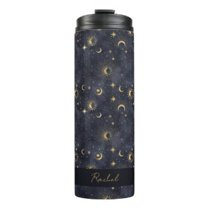 Garrafa Térmica Lua Celestial Stars Azul e Monograma Dourado
