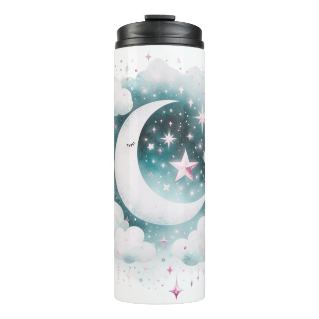 Garrafa Térmica Lua Crescente Azul e Branco Celestial Boho Moderno (Frente)