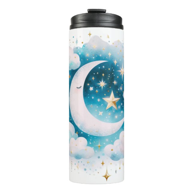 Garrafa Térmica Lua Crescente Azul e Branco Celestial Boho Moderno (Frente)