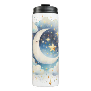 Garrafa Térmica Lua Crescente Azul e Branco Celestial Boho Moderno