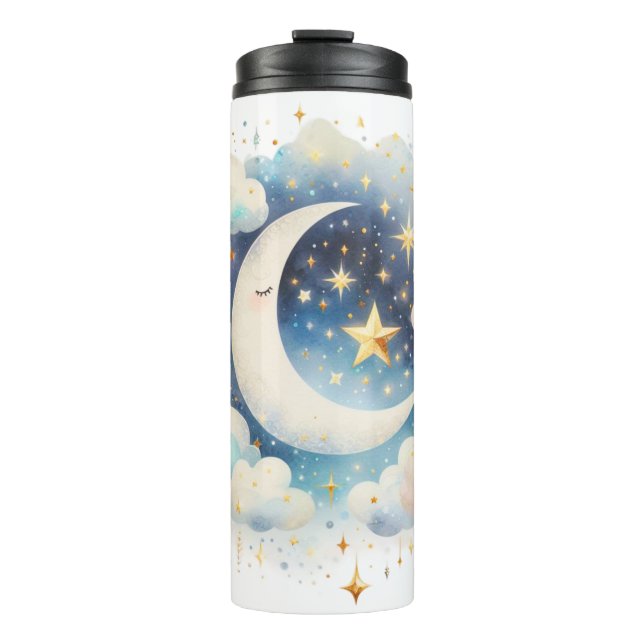 Garrafa Térmica Lua Crescente Azul e Branco Celestial Boho Moderno (Frente)
