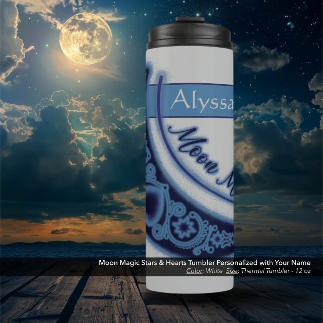 Garrafa Térmica Lua Magia Estrelas Corações Nome Celestial Branco (Moon Magic Stars and Hearts Celestial White Thermal Tumbler Personalized with Your Name.)