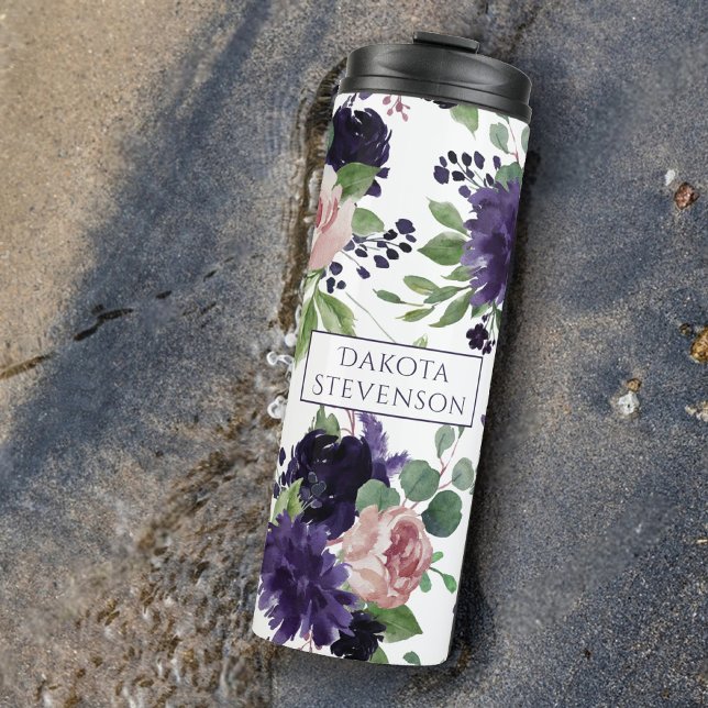 Garrafa Térmica Lush Blossoms | Monograma de padrão roxo e rosa (Criador carregado)