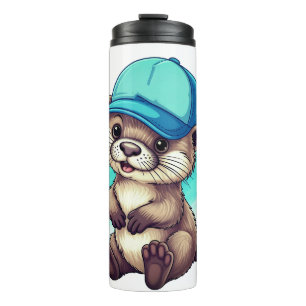 Garrafa Térmica Lutra de desenho animado fofo vestindo um boné de