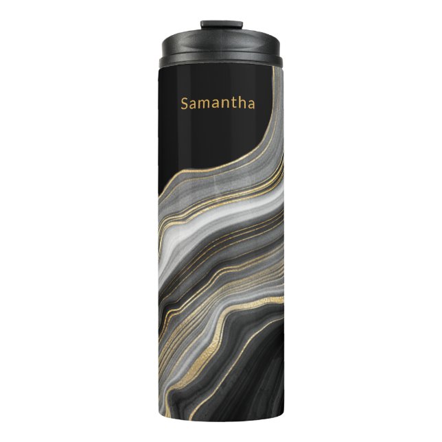Garrafa Térmica Luxúria Monogramas Agate Dourado e Cinza preto (Frente)