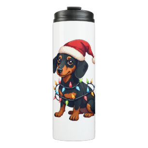 Garrafa Térmica Luzes de Natal Dachshund Chapéu de Papai Noel Amor