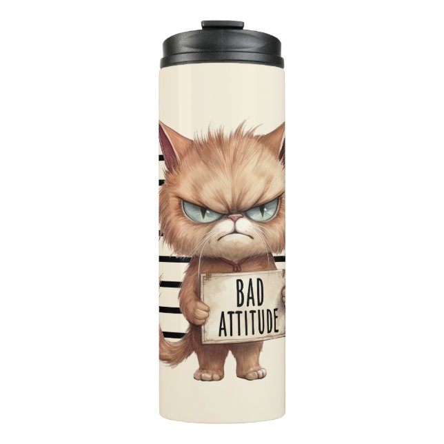 Garrafa Térmica Má Atitude Cat Mugshot - Design Felino Engraçado (Frente)