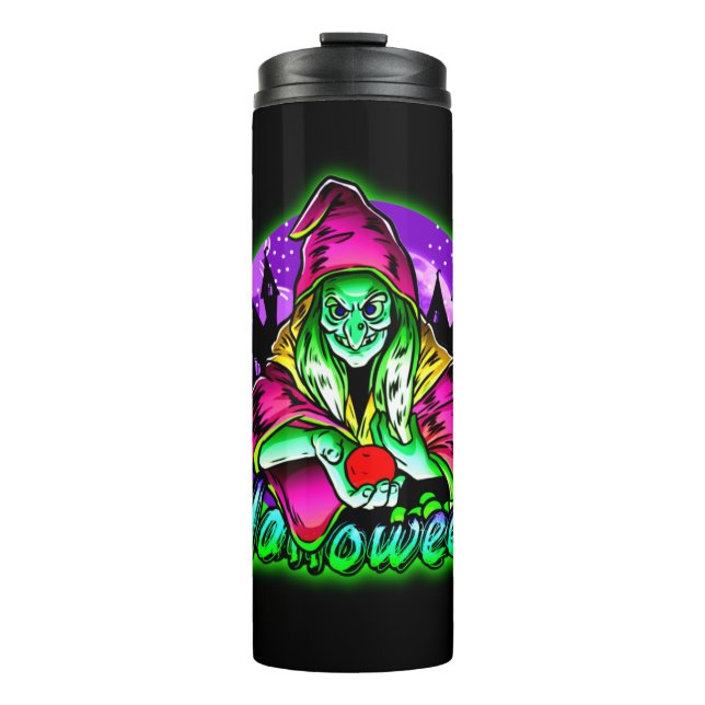 Garrafa Térmica Maçã de Chapéu Mágico de Bruxa Verde Spooky (Frente)