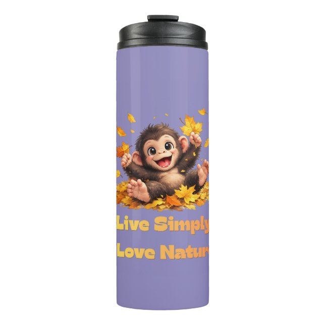 Garrafa Térmica Macaco Fofo Feliz Brincando em Folhas de Outono Ca (Frente)