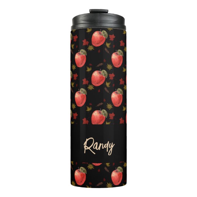 Garrafa Térmica Maçãs vermelhas e folhas em preto (Frente)