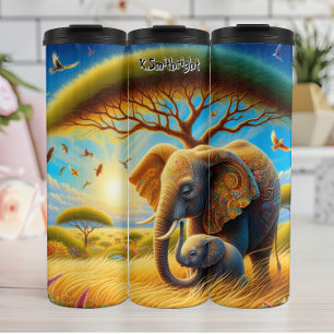 Garrafa Térmica Mãe e Elefante Bebê na savana africana