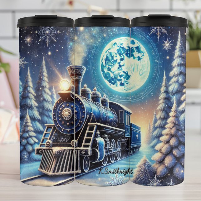Garrafa Térmica Magical Blue Christmas Train Moonlit Scene (Criador carregado)