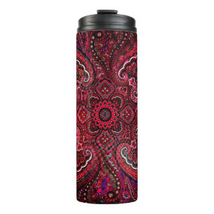 Garrafa Térmica Magnífico Paisley Vermelho em Fundo Preto