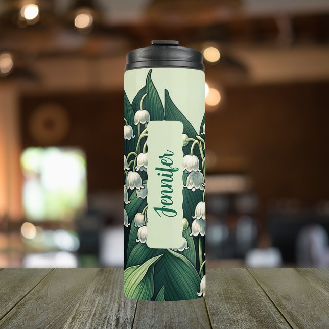 Garrafa Térmica Maio Mês de Aniversário Flor Lily do Vale 16 oz (Personalized  20 oz Thermal Tumbler Birth Flower Lily of the Valley for May.)