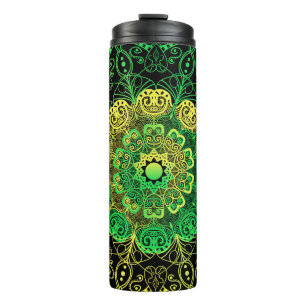Garrafa Térmica Mandala Art: Detalhe Verde Amarelo.