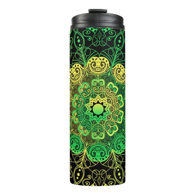Garrafa Térmica Mandala Art: Detalhe Verde Amarelo. (Frente)