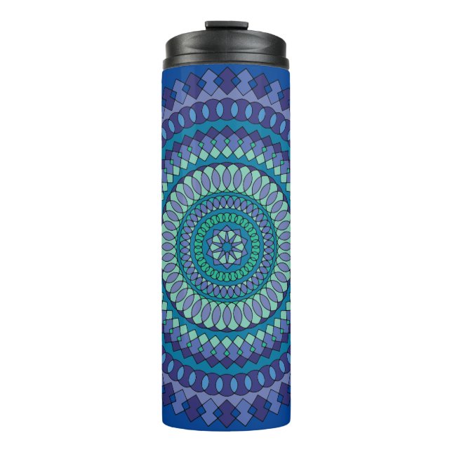 Garrafa Térmica Mandala Azul com Nome de Texto Personalizado (Frente)