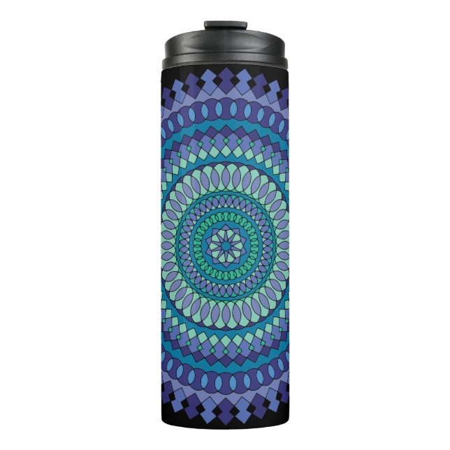 Garrafa Térmica Mandala Azul com Nome de Texto Personalizado (Frente)