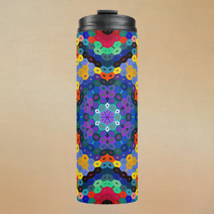 Garrafa Térmica Mandala Hexagonal Azul Amarelo Vermelho e Verde