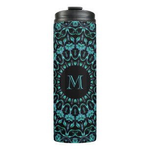 Garrafa Térmica Mandala Monograma Floral Turquesa