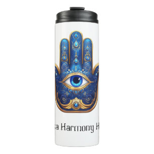 Garrafa Térmica Mão Azul de Hamsa ornamentado com Símbolo Olho Mau
