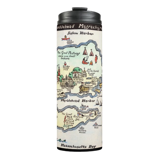 Garrafa Térmica Mapa Desenhado à Mão de Marblehead Massachusetts  (Frente)