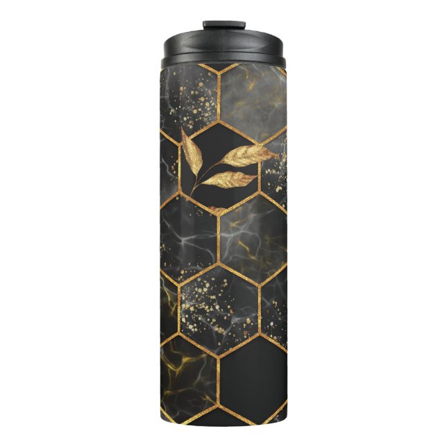 Garrafa Térmica Marble Hexagon, Ouro Deixa Textura. (Frente)