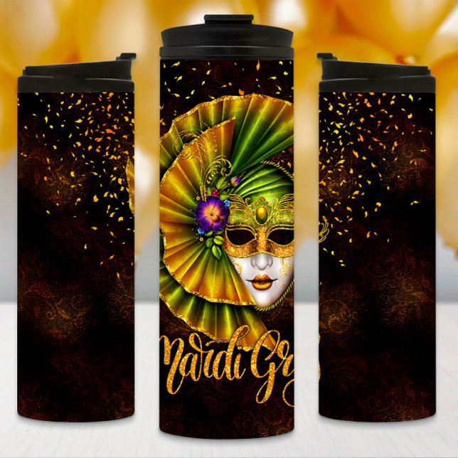 Garrafa Térmica Mardi Gras Tumbler, Mardi Gras Green Mask (Criador carregado)