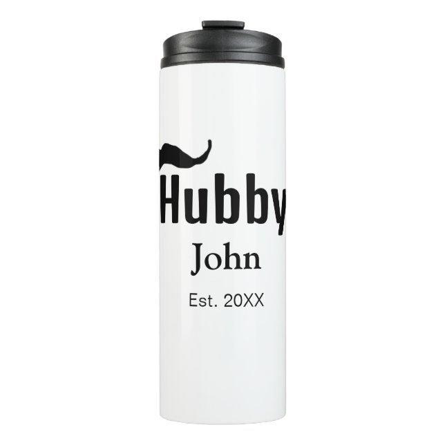 Garrafa Térmica marido Hubby adiciona nome data ano bigode simples (Frente)