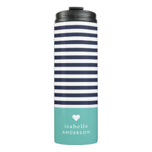 Garrafa Térmica Marinho Azul e Aqua Quic Stripes Monograma Cardíac