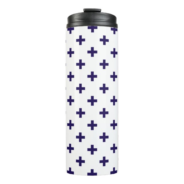 Garrafa Térmica Marinho azul polka cruza em branco (Frente)