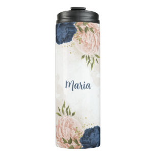 Garrafa Térmica marinho e flores rosadas, cor-de-rosa, verdes