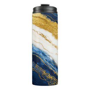 Garrafa Térmica Marinho Luxurioso Azul e Dourado Mármaco Folha