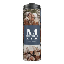 Garrafa Térmica Marinho Quic Moderno - Colagem Azul Monograma e Fo