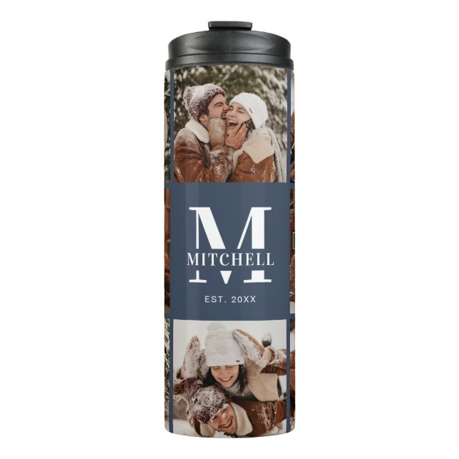 Garrafa Térmica Marinho Quic Moderno - Colagem Azul Monograma e Fo (Frente)