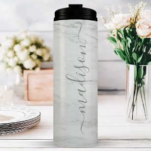 Garrafa Térmica Mármore Cinza Chic Estilo Nome de Letra Caracterís