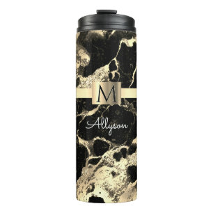 Garrafa Térmica Mármore Preto+Dourado 2, Caixa+Pulseira Dourada, N
