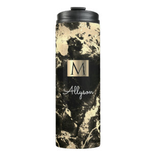Garrafa Térmica Mármore Preto e Dourado 3, Caixa Dourada, Nome e M