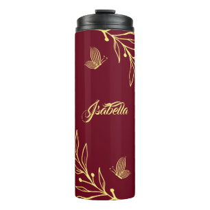 Garrafa Térmica Marrom floral de ouro elegante romântico