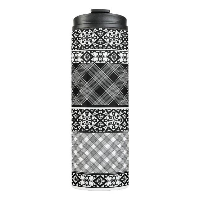 Garrafa Térmica Matilha em tiras, de preto e branco, com rendas (Frente)